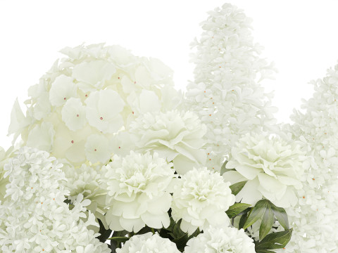 Realistic Bouquet White Flowers Lilac Hydrangea peony vase glass 3D Model