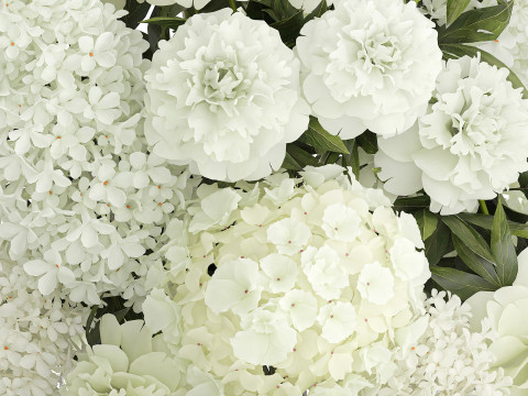 Realistic Bouquet White Flowers Lilac Hydrangea peony vase glass 3D Model