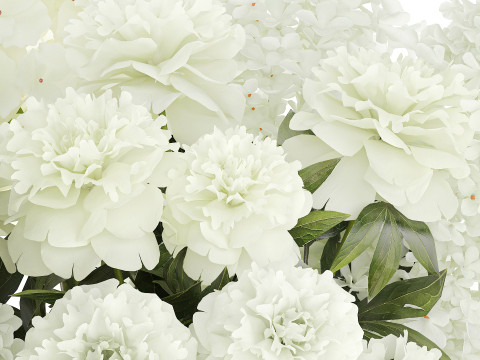 Realistic Bouquet White Flowers Lilac Hydrangea peony vase glass 3D Model