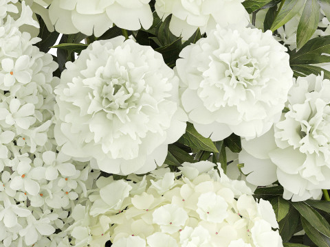 Realistic Bouquet White Flowers Lilac Hydrangea peony vase glass 3D Model