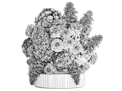 Realistic Bouquet White Flowers Lilac Hydrangea peony vase glass 3D Model