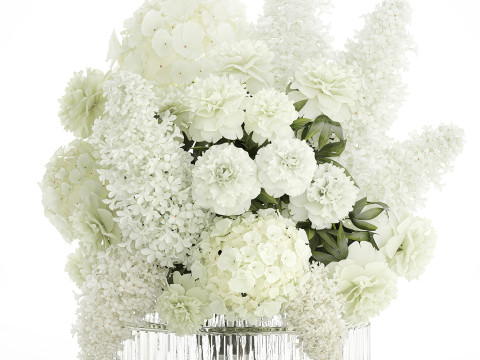 Realistic Bouquet White Flowers Lilac Hydrangea peony vase glass 3D Model