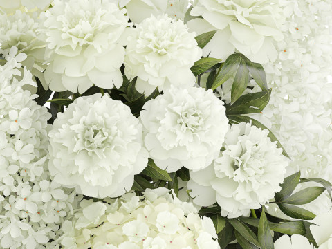 Realistic Bouquet White Flowers Lilac Hydrangea peony vase glass 3D Model