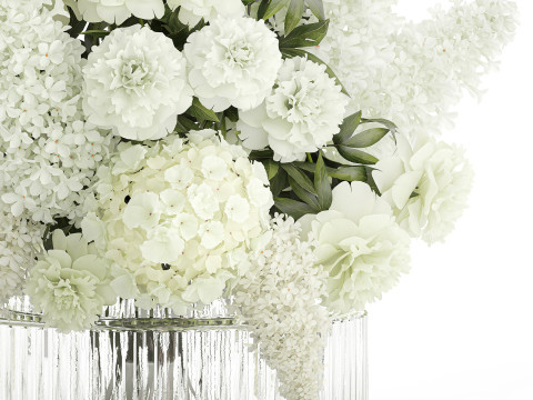 Realistic Bouquet White Flowers Lilac Hydrangea peony vase glass 3D Model