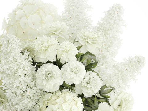 Realistic Bouquet White Flowers Lilac Hydrangea peony vase glass 3D Model