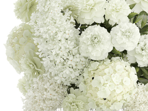 Realistic Bouquet White Flowers Lilac Hydrangea peony vase glass 3D Model
