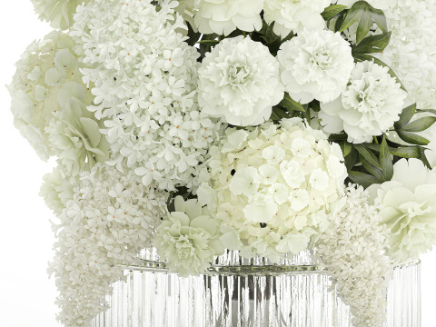 Realistic Bouquet White Flowers Lilac Hydrangea peony vase glass 3D Model