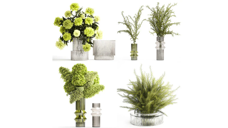 Buqu&ecirc;s verdes realistas flores hort&ecirc;nsia vaso de vidro lil&aacute;s 635 Modelo 3D .c4d .max .obj .3ds .fbx .stl .blend 