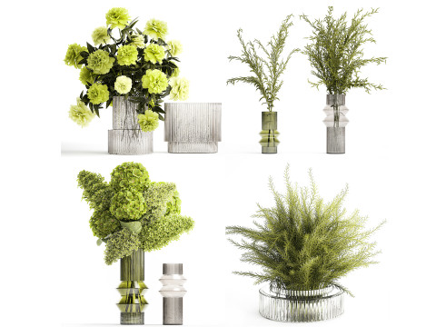 Realistic Green Bouquets Flowers Hydrangea Lilac glass vase 635 3D Модель