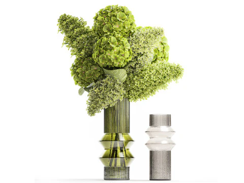 Buqu&ecirc;s verdes realistas flores hort&ecirc;nsia vaso de vidro lil&aacute;s 635 Modelo 3D