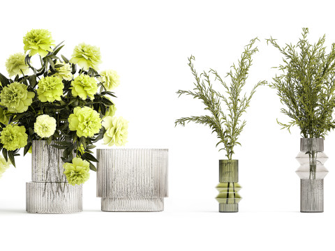 Realistic Green Bouquets Flowers Hydrangea Lilac glass vase 635 Modello 3D