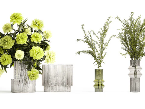 Buqu&ecirc;s verdes realistas flores hort&ecirc;nsia vaso de vidro lil&aacute;s 635 Modelo 3D