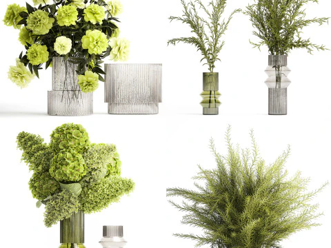 Buqu&ecirc;s verdes realistas flores hort&ecirc;nsia vaso de vidro lil&aacute;s 635 Modelo 3D