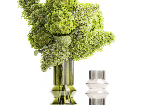 Realistic Green Bouquets Flowers Hydrangea Lilac glass vase 635 Modello 3D