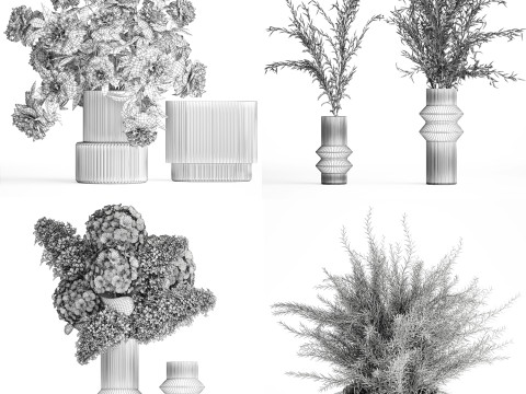 Realistic Green Bouquets Flowers Hydrangea Lilac glass vase 635 Modello 3D