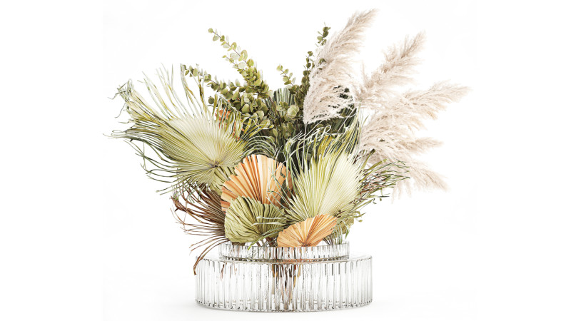 Realistic bouquet dried flower pampas palm leaves glass vase 3D Модель .c4d .max .obj .3ds .fbx .stl .blend