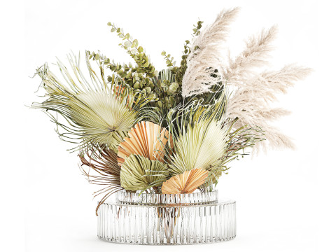 Realistic bouquet dried flower pampas palm leaves glass vase 3D Model