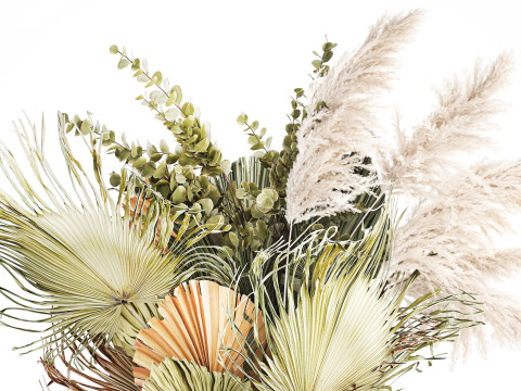 Realistic bouquet dried flower pampas palm leaves glass vase 3D Модель