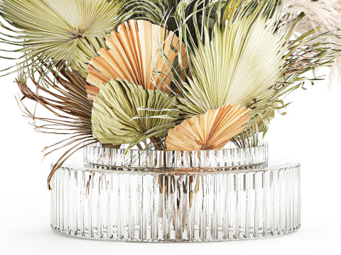 Realistic bouquet dried flower pampas palm leaves glass vase 3D Модель