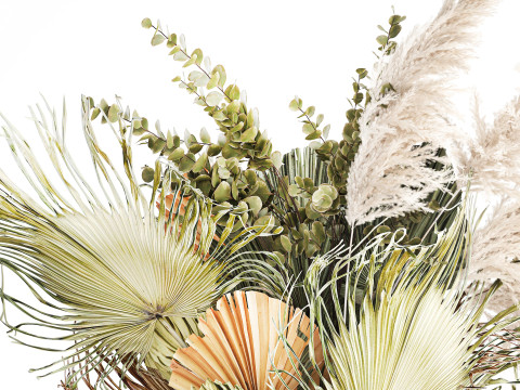 Realistic bouquet dried flower pampas palm leaves glass vase 3D Модель