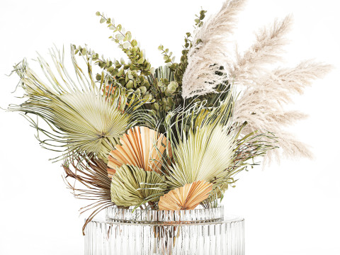 Realistic bouquet dried flower pampas palm leaves glass vase 3D Модель
