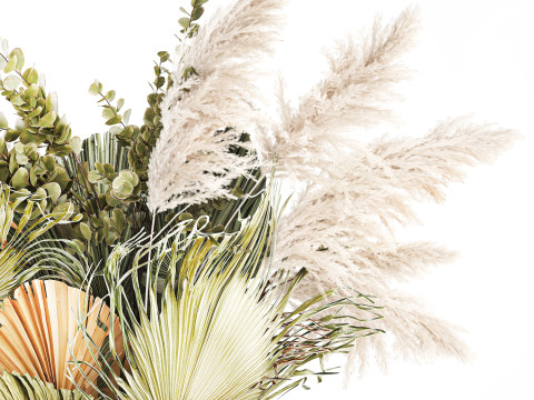 Realistic bouquet dried flower pampas palm leaves glass vase 3D Модель