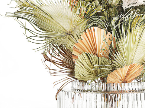Realistic bouquet dried flower pampas palm leaves glass vase 3D Модель