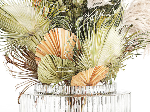 Realistic bouquet dried flower pampas palm leaves glass vase 3D Модель