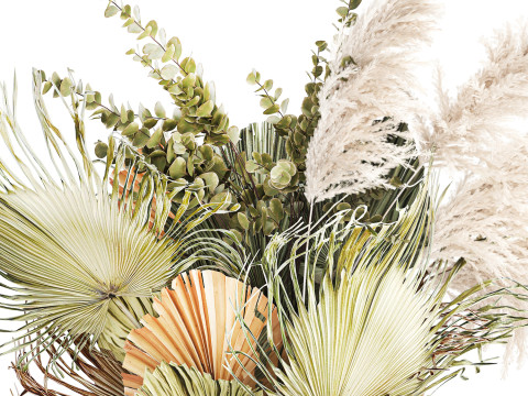 Realistic bouquet dried flower pampas palm leaves glass vase 3D Модель