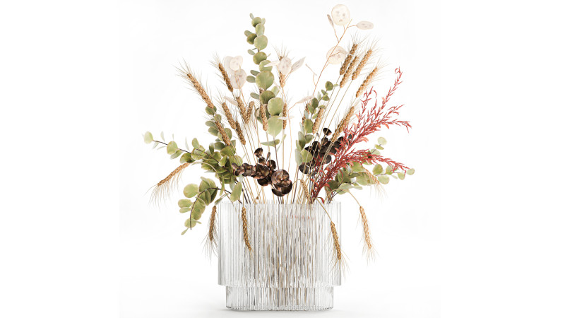 Bouquet dried flower branches wheat eucalyptus glass vase 3D Модель .c4d .max .obj .3ds .fbx .stl .blend 