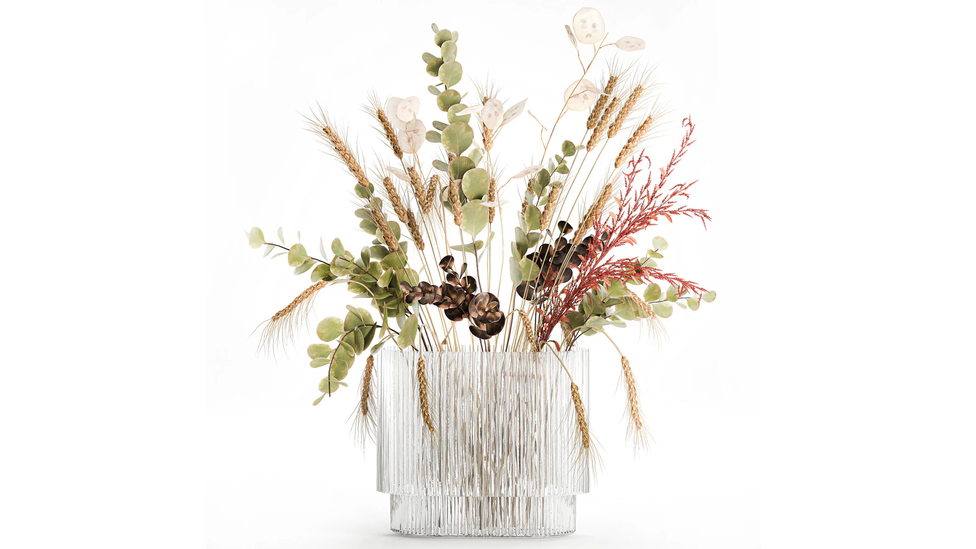 Bouquet dried flower branches wheat eucalyptus glass vase 3D Model .c4d .max .obj .3ds .fbx .stl .blend 