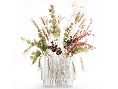 Bouquet dried flower branches wheat eucalyptus glass vase 3D Model