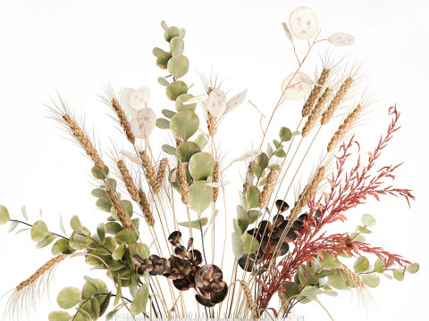 Bouquet dried flower branches wheat eucalyptus glass vase 3D Model