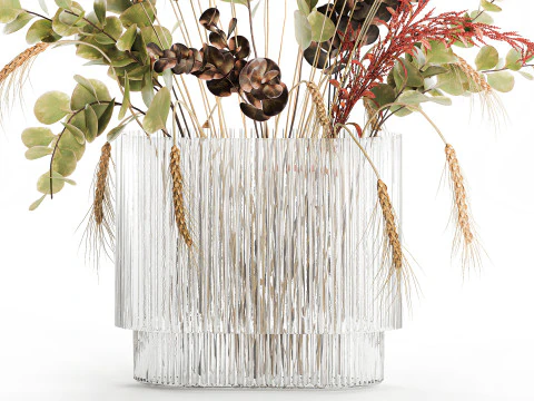 Bouquet dried flower branches wheat eucalyptus glass vase 3D Model