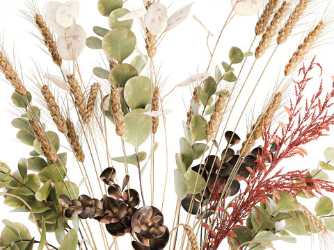Bouquet dried flower branches wheat eucalyptus glass vase 3D Model