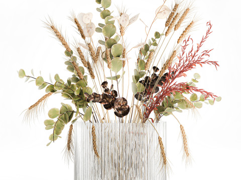 Bouquet dried flower branches wheat eucalyptus glass vase 3D Модель