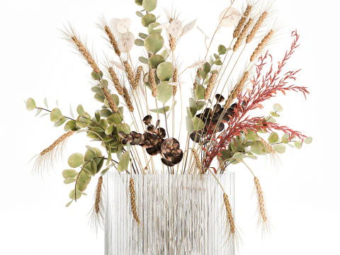 Bouquet dried flower branches wheat eucalyptus glass vase 3D Model