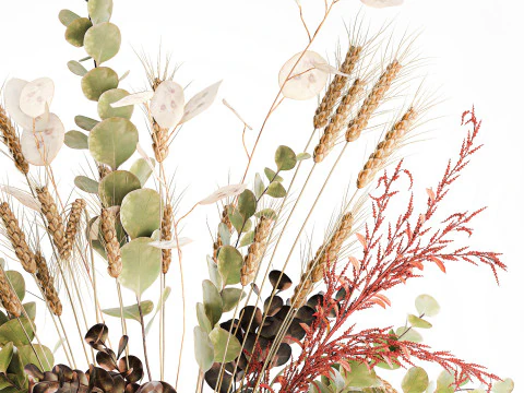 Bouquet dried flower branches wheat eucalyptus glass vase 3D Model