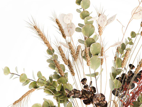 Bouquet dried flower branches wheat eucalyptus glass vase 3D Model