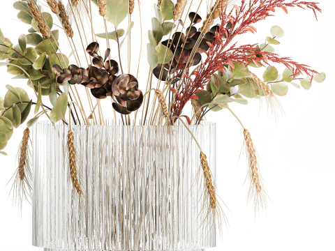 Bouquet dried flower branches wheat eucalyptus glass vase 3D Model