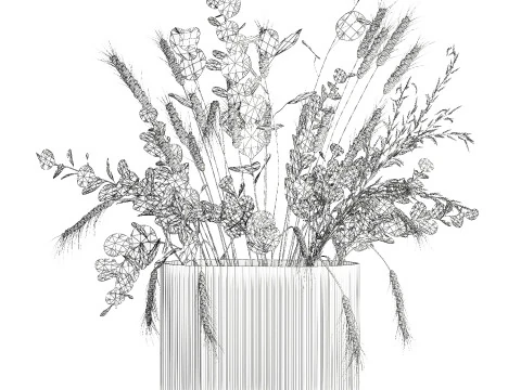 Bouquet dried flower branches wheat eucalyptus glass vase 3D Model