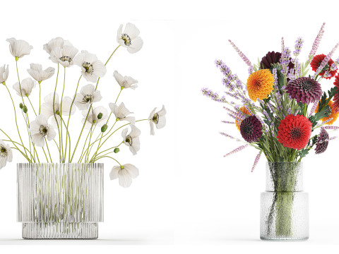 Seealistic Bouquets Flowers Hydrangea Poppy Branch 640 Modelo 3D