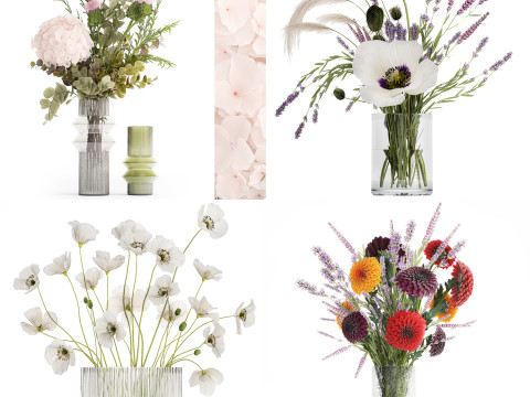 Seealistic Bouquets Flowers Hydrangea Poppy Branch 640 Modelo 3D