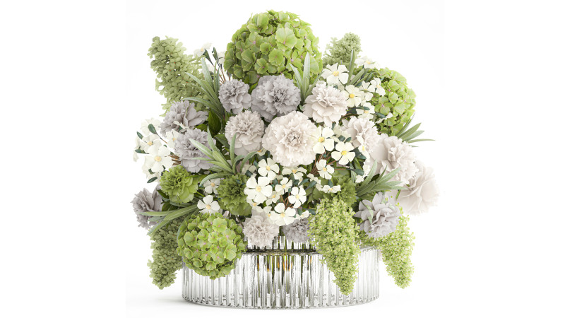 Realistic bouquet green flower branches hydrangea glass vase 3D मॉडल .c4d .max .obj .3ds .fbx .stl .blend 