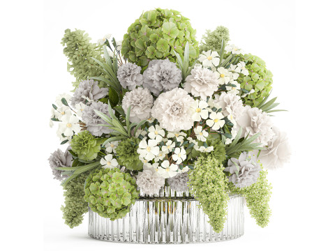 Realistic bouquet green flower branches hydrangea glass vase 3D Model