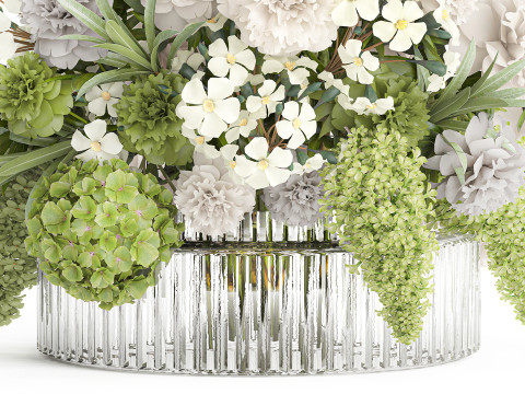 Realistic bouquet green flower branches hydrangea glass vase 3D मॉडल
