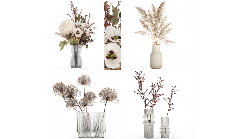 Realistic bouquets 5 hydrangea holly poppy branch glass vase 3D Модель .c4d .max .obj .3ds .fbx .stl .blend 