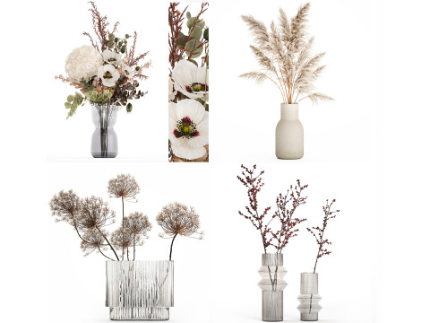 Realistic bouquets 5 hydrangea holly poppy branch glass vase 3D Модель