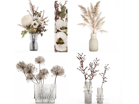 リアルな花束 5 アジサイ ヒイラギ ケシの枝 ガラス花瓶 3Dモデル