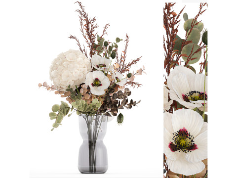 Realistic bouquets 5 hydrangea holly poppy branch glass vase 3D Модель